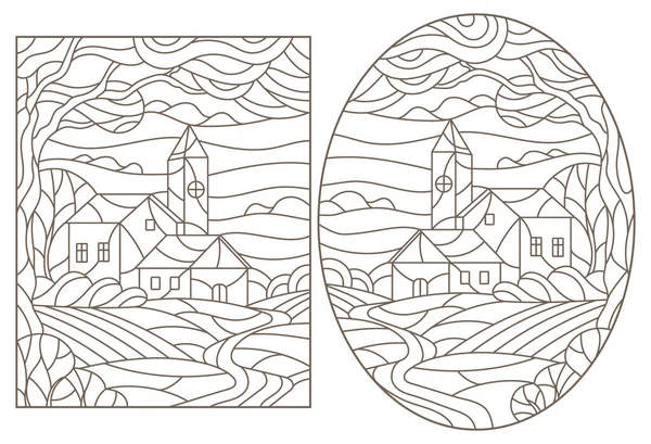 Een Set Contourillustraties Stijl Van Glas Lood Met Stedelijke Landschappen — Stockvector