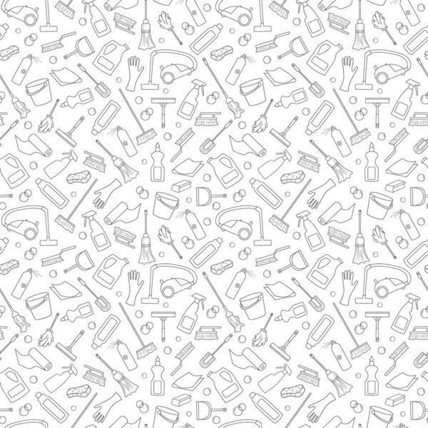  Seamless pattern on the theme of cleaning and household equipment and cleaning products, dark outline on a white background