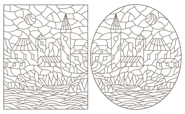 Набор Контурных Иллюстраций Стиле Витража Городскими Пейзажами Темные Контуры Белом — стоковый вектор