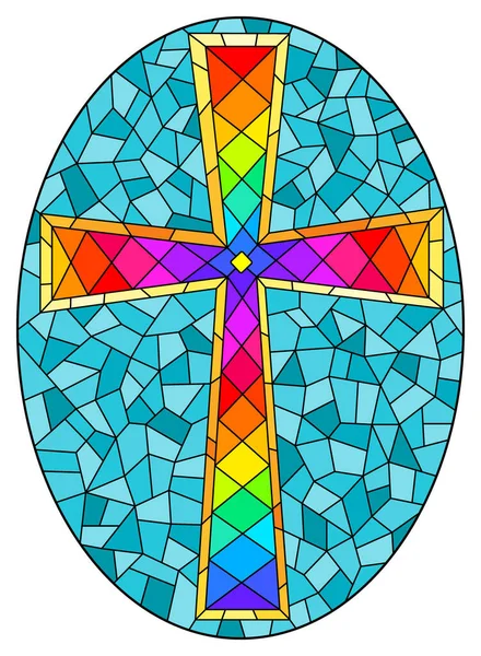 Illustration Stained Glass Style Bright Christian Cross Blue Background Oval — Stock Vector