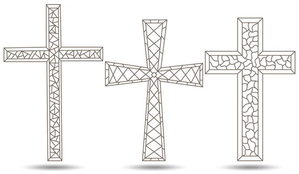 Illustrazioni Stile Vetrate Con Croci Cristiane Sagomate Contorni Scuri Sfondo — Vettoriale Stock