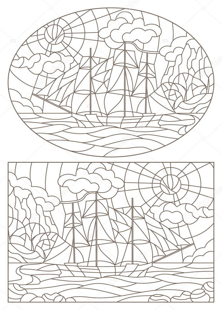 Set contour illustrations of stained glass, seascape, ships sailing on the background of the cloudy sky and the sun, dark contours on white background