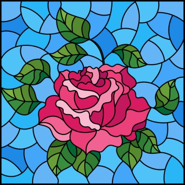 Mavi arkaplanda parlak pembe bir gül çiçeğiyle boyalı cam bir resim, dikdörtgen şeklinde.