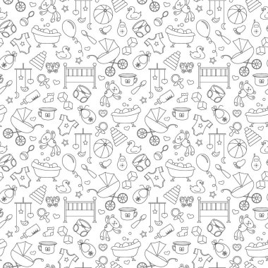 Çocukluk ve yeni doğan bebekler, Bebek aksesuarları ve oyuncaklar, basit kontür simgeler, beyaz arka planda siyah kontur konulu seamless modeli