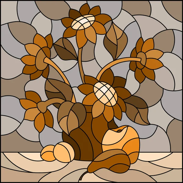 Illustration Dans Style Vitrail Avec Nature Morte Bouquet Fleurs Fruits — Image vectorielle