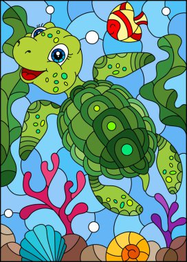 Deniz tabanının arka planında parlak çizgi film kaplumbağası, balık ve su ile boyalı cam tarzında bir resim.