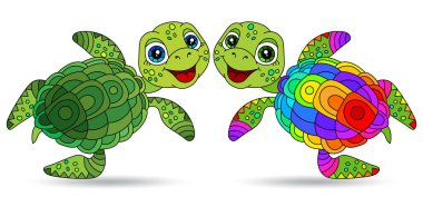 Beyaz arka planda izole edilmiş, şirin karikatür kaplumbağaları olan, boyalı cam tarzında bir takım resimler.
