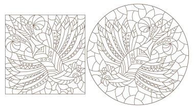 Soyut horozlu boyalı cam tarzında bir dizi çizim, beyaz arka planda koyu hatlar.