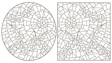 A set of contour illustrations in the style of stained glass with oak leaves on a sky background, dark contours on a white background clipart