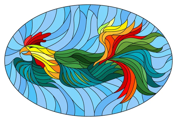 Ilustración Vidrieras Con Gallo Abstracto Sobre Fondo Azul Imagen Ovalada — Vector de stock