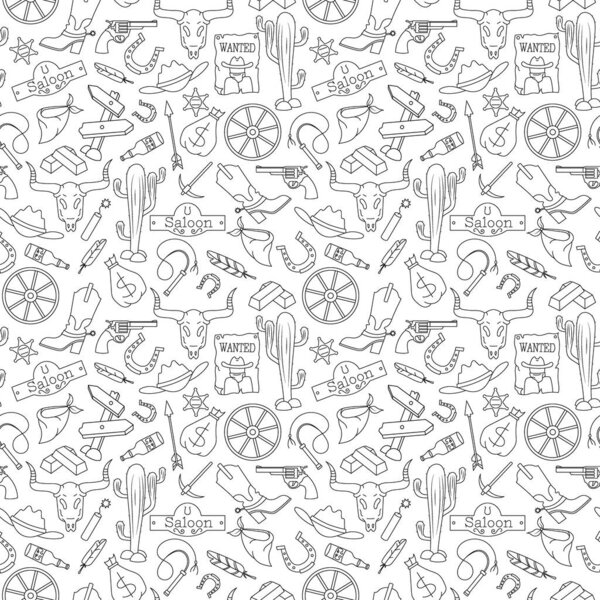 Seamless pattern on the theme of the wild West, contour icons, black contour on white background