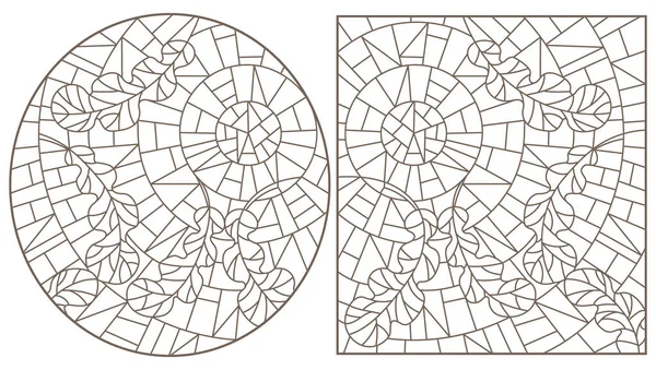 Una Serie Illustrazioni Contorno Stile Vetrate Con Foglie Quercia Sfondo — Vettoriale Stock