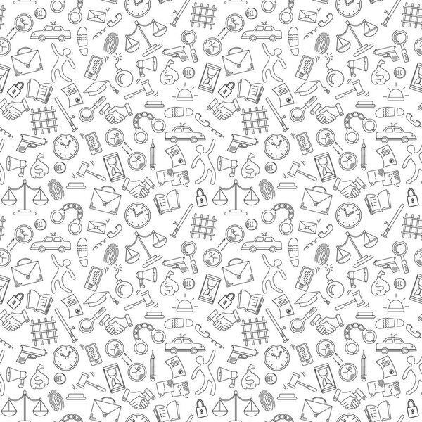Seamless pattern with hand drawn icons on the theme of law and crimes, black contour on white background