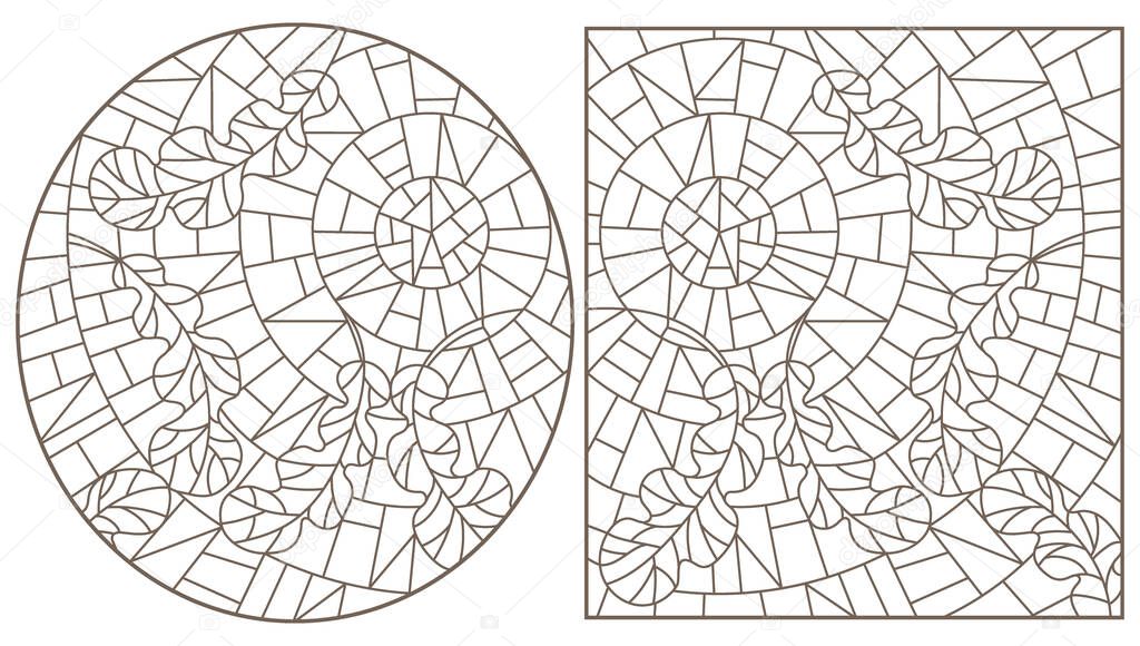 A set of contour illustrations in the style of stained glass with oak leaves on a sky background, dark contours on a white background