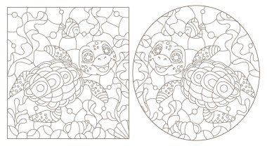 Deniz günü arka planında kaplumbağalar olan boyalı cam pencere tarzında bir dizi çizim, beyaz arka planda koyu çizgiler.