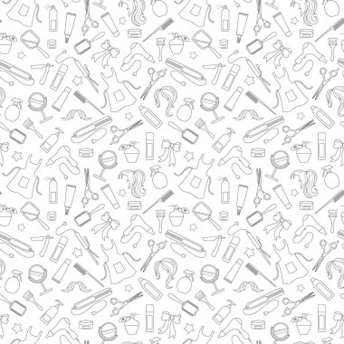 Kuaför Dükkanı, araçları ve aksesuarları Kuaför, basit bir kontur simgeler, beyaz arka planda siyah kontur konulu seamless modeli