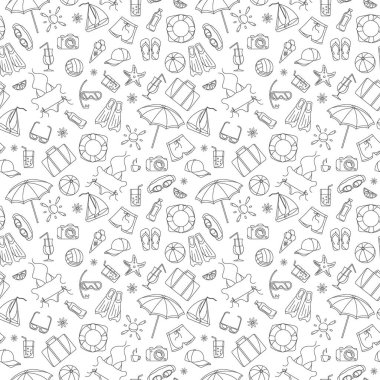 Yaz tatili Tema sıcak ülkelerde, beyaz arka plan basit karanlık kontur simgeleri seamless modeli