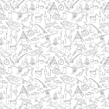 Balık tutma temasında pürüzsüz desen, beyaz arkaplanda basit bir el çizimi kontur simgeleri