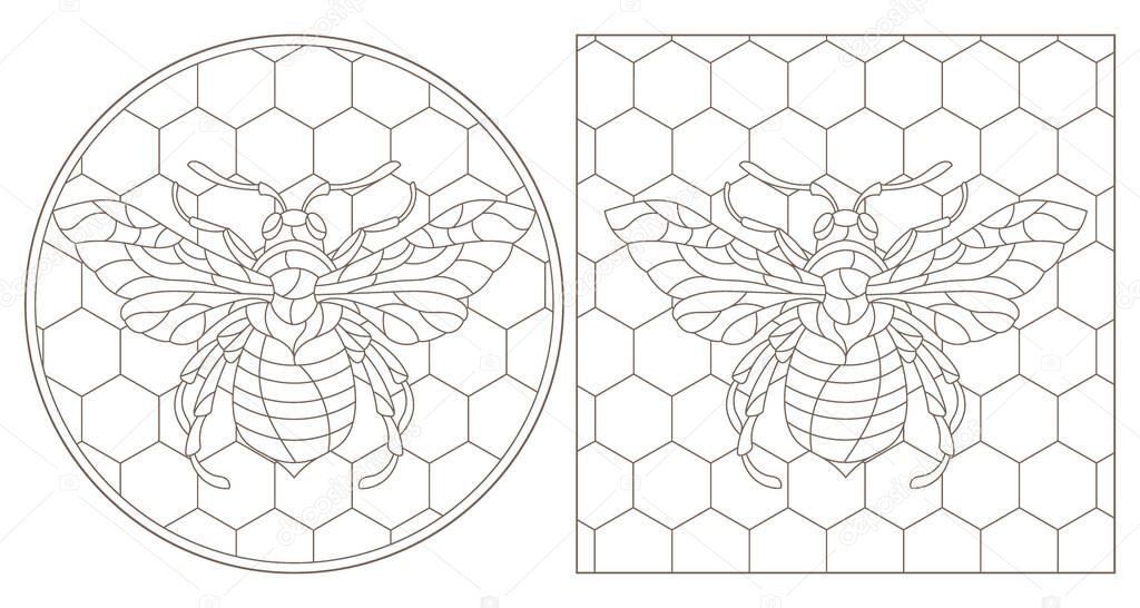 Set of contour illustrations in the style of stained glass with abstract bees, dark outlines on a white background