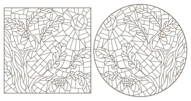 Gökyüzü zemininde meşe dalları, beyaz zemin üzerinde koyu hatlar olan boyalı cam tarzında bir dizi çizim.