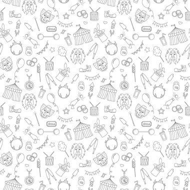 Sirk, basit kontür simgeler, beyaz arka planda siyah kontur konulu seamless modeli