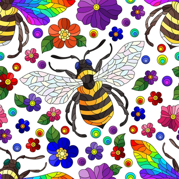 Безшовна Ілюстрація Яскравими Бджолами Квітами Комахами Квітами Білому Тлі — стоковий вектор