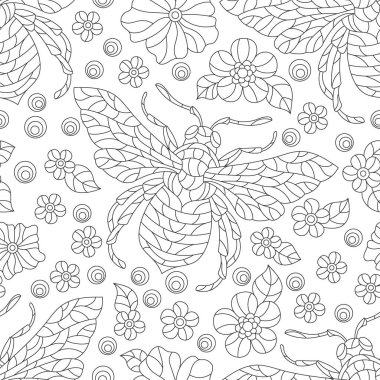 Hatları ve çiçekleri olan kusursuz bir illüstrasyon. Beyaz arka planda kara hatlar, böcekler ve çiçekler.