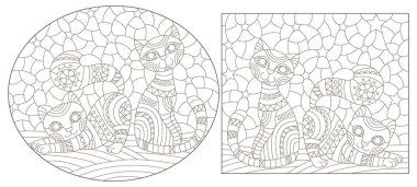 Soyut kedili mozaik cam tarzında tasvir çizimleri, beyaz arkaplanda koyu çizgiler