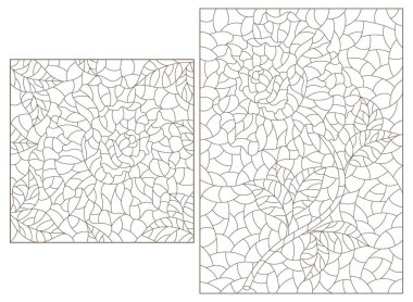 Soyut çiçeklerle renklendirilmiş cam tarzında çizimler, beyaz arkaplanda koyu çizgiler.