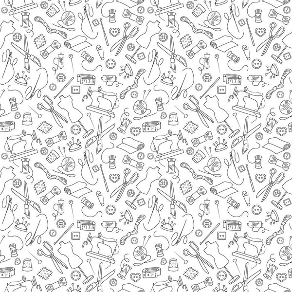 Seamless pattern on the theme of needlework and sewing , simple outline icons on a light background