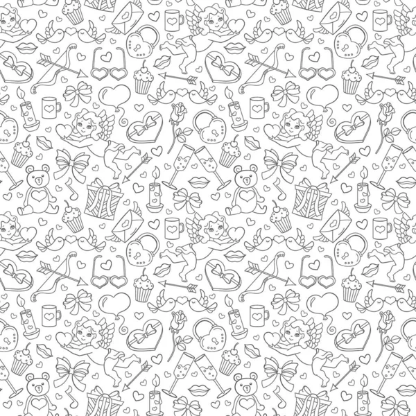 Seamless Pattern Theme Valentine Day Holiday Dark Contour Icons White — Stock Vector
