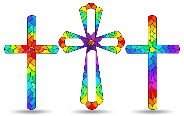 Illustrations Stained Glass Style Set Christian Cross Isolated White Background — Stock Vector