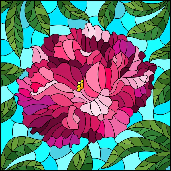 Ilustracja Stylu Witrażu Jasnoróżowym Kwiatem Piwonii Niebieskim Tle Kwadratowy Obraz — Wektor stockowy