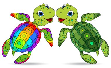 Beyaz arka planda izole edilmiş, şirin karikatür kaplumbağaları olan, boyalı cam tarzında bir takım resimler.