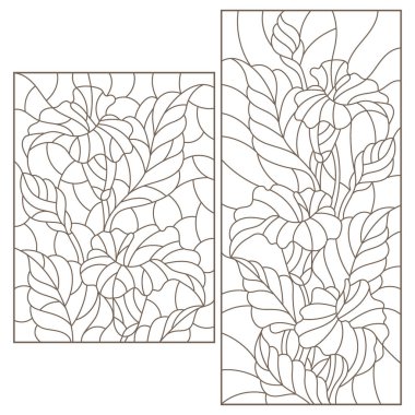 Renkli cam tarzında, Calla çiçekleri buketli çizimler, beyaz arkaplanda koyu çizgiler.