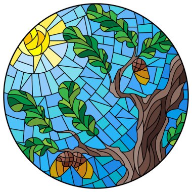An illustration in the style of stained glass with autumn oak branches on a background of blue sky and sun, round image clipart