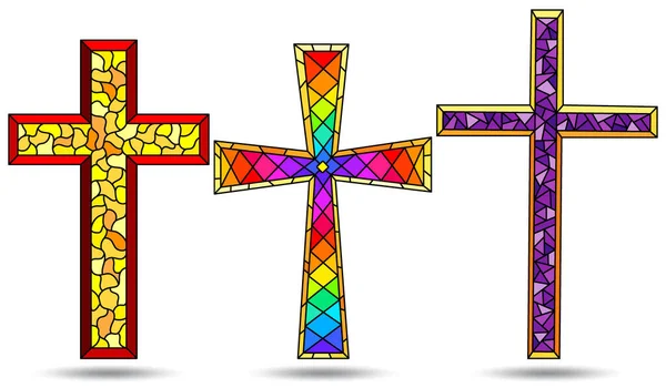 Les Illustrations Dans Style Vitrail Avec Ensemble Croix Chrétienne Isolé — Image vectorielle