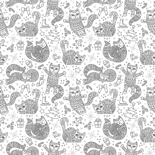 Seamless Pattern Theme New Year Christmas Dark Contour Cats Toys — Stock Vector