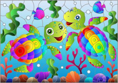 Deniz tabanında parlak karikatür kaplumbağaları, balık ve su gibi boyalı camlar.