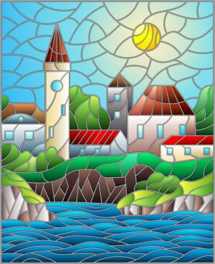 Şehir manzarası olan bir vitraylı pencere, su ve gökyüzünün arka planına karşı bir ev.