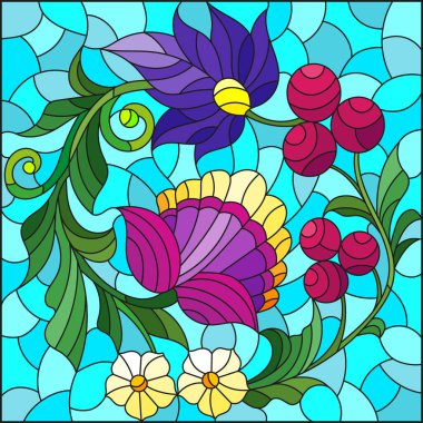 Mavi arkaplanda çiçek, çiçek, yaprak ve böğürtlenli boyalı cam tasviri, kare kare resim