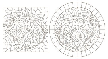 Soyut böğürtlen ve çiçeklerle boyanmış cam tarzında bir dizi çizim, beyaz arka planda koyu hatlar.