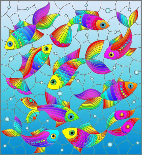 Иллюстрация Витража Яркой Радужной Рыбой Синем Фоне Прямоугольное Изображение — стоковый вектор