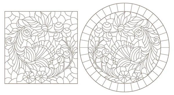 Set Contour Illustrations Style Stained Glass Abstract Berries Flowers Dark — 图库矢量图片