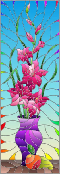 Illustration Vitrail Avec Des Bouquets Gladioli Dans Vase Violet Des — Image vectorielle