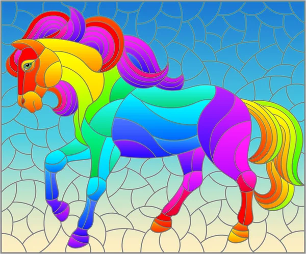 Ilustrace Stylu Barevného Skla Abstraktním Duhovým Koněm Modrém Pozadí Obdélníkový — Stockový vektor