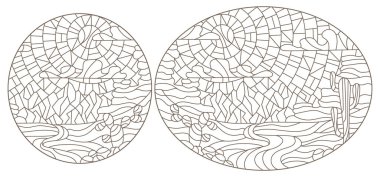 Çöl manzaralı mozaik cam tarzında bir dizi çizim, beyaz arka planda koyu hatlar, oval görüntüler.