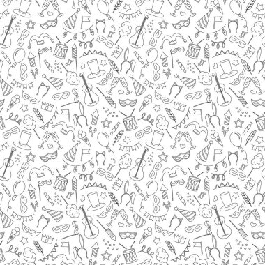 Maskeli balo ve carnival, basit kontür simgeler, beyaz arka plan üzerinde siyah kontur konulu seamless modeli