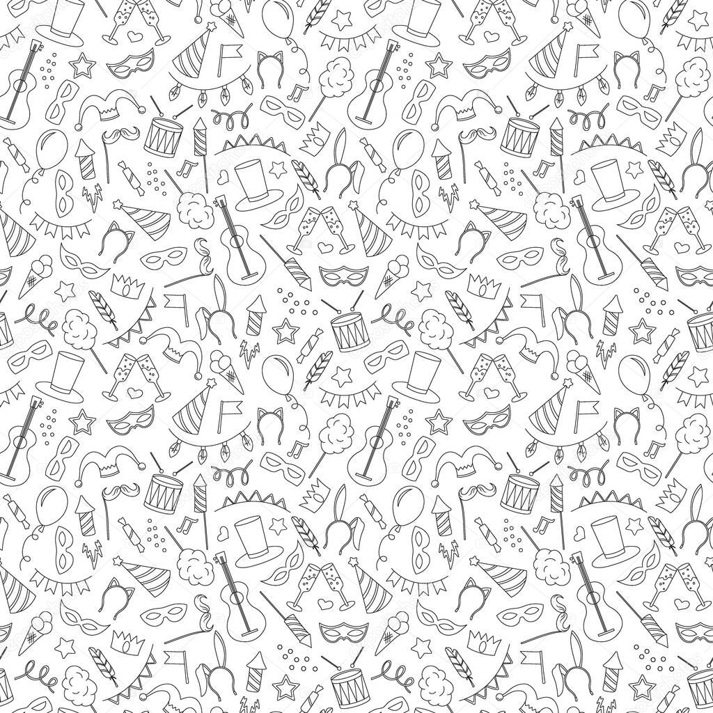 Seamless pattern on the theme of masquerade and carnival , simple contour icons, black contour on white background