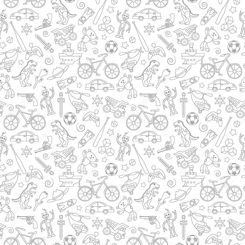 Seamless pattern on the theme of childhood and toys, toys for boys, black contour icons on white background